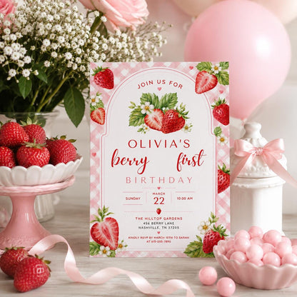 Editable Berry First Birthday Invitation Canva Template, Pink Girls Kids Cute Modern Fun DIY Sweet Party Invite, Printable Digital Download.