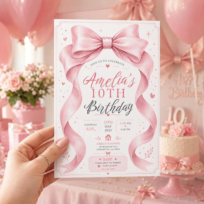 Editable Pink Bow Birthday Invitation Canva Template, Cute Girls Teens Bow Fun DIY Sweet Chic Kids Party Invite, Printable Digital Download.