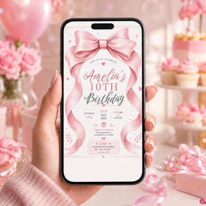 Editable Pink Bow Birthday Invitation Canva Template, Cute Girls Teens Bow Fun DIY Sweet Chic Kids Party Invite, Printable Digital Download.