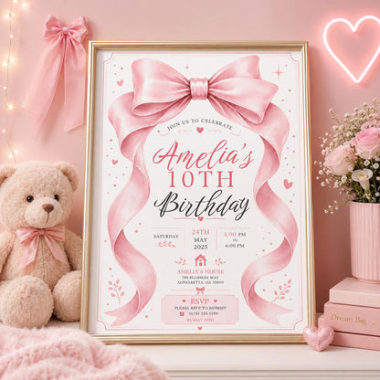 Editable Pink Bow Birthday Invitation Canva Template, Cute Girls Teens Bow Fun DIY Sweet Chic Kids Party Invite, Printable Digital Download.