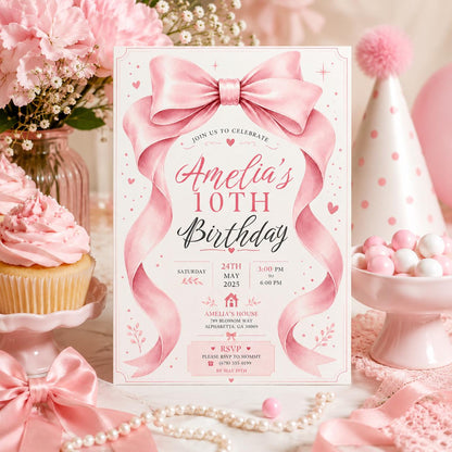 Editable Pink Bow Birthday Invitation Canva Template, Cute Girls Teens Bow Fun DIY Sweet Chic Kids Party Invite, Printable Digital Download.