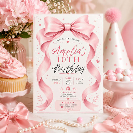 Editable Pink Bow Birthday Invitation Canva Template, Cute Girls Teens Bow Fun DIY Sweet Chic Kids Party Invite, Printable Digital Download.