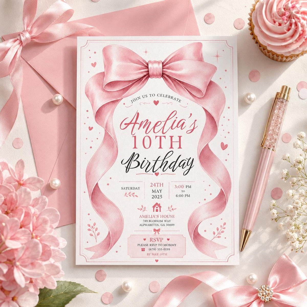 Editable Pink Bow Birthday Invitation Canva Template, Cute Girls Teens Bow Fun DIY Sweet Chic Kids Party Invite, Printable Digital Download.