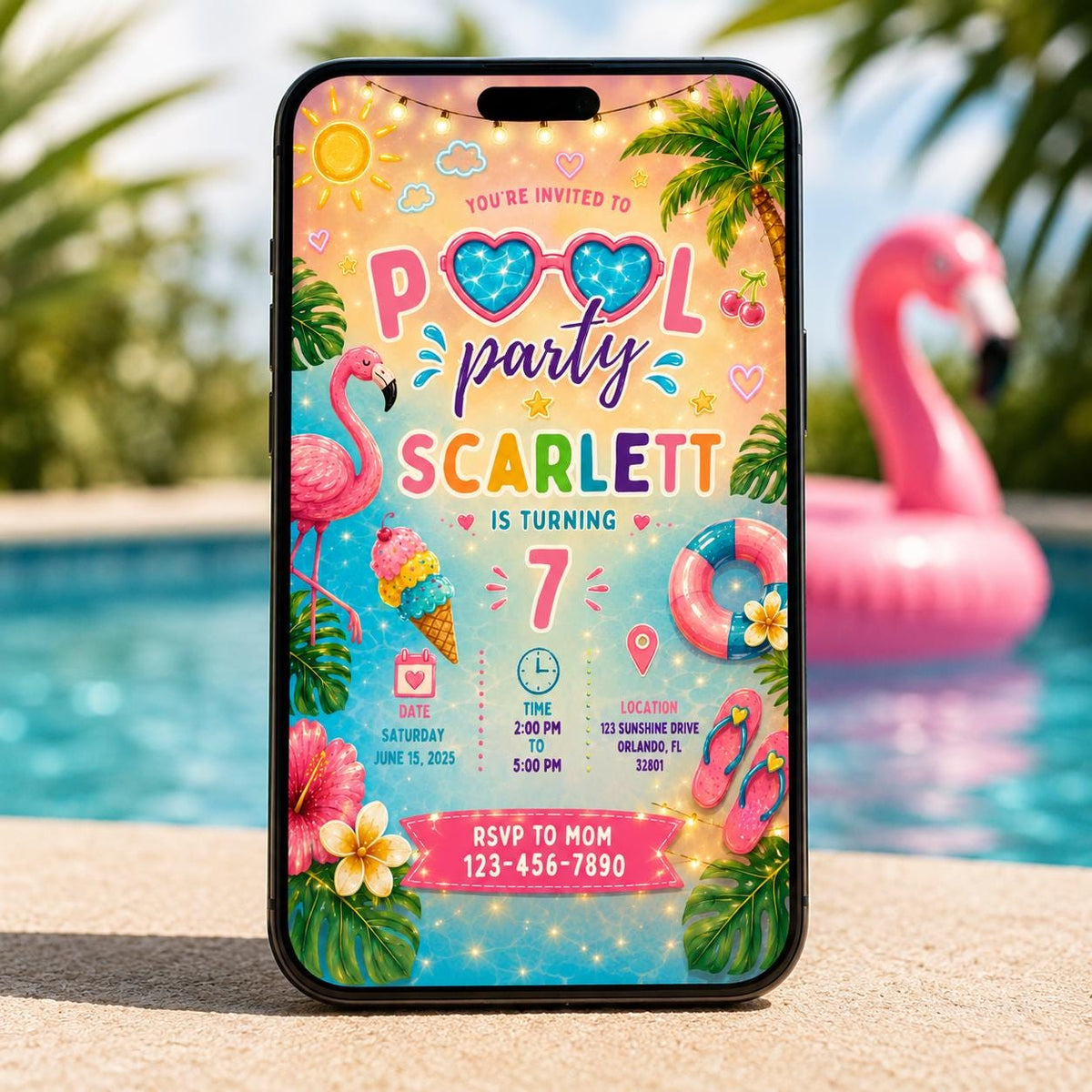 Editable Pool Birthday Invitation Canva Template, Neon Pool Cute Modern Fun Themed Custom DIY Chic Party Invite, Printable Digital Download.