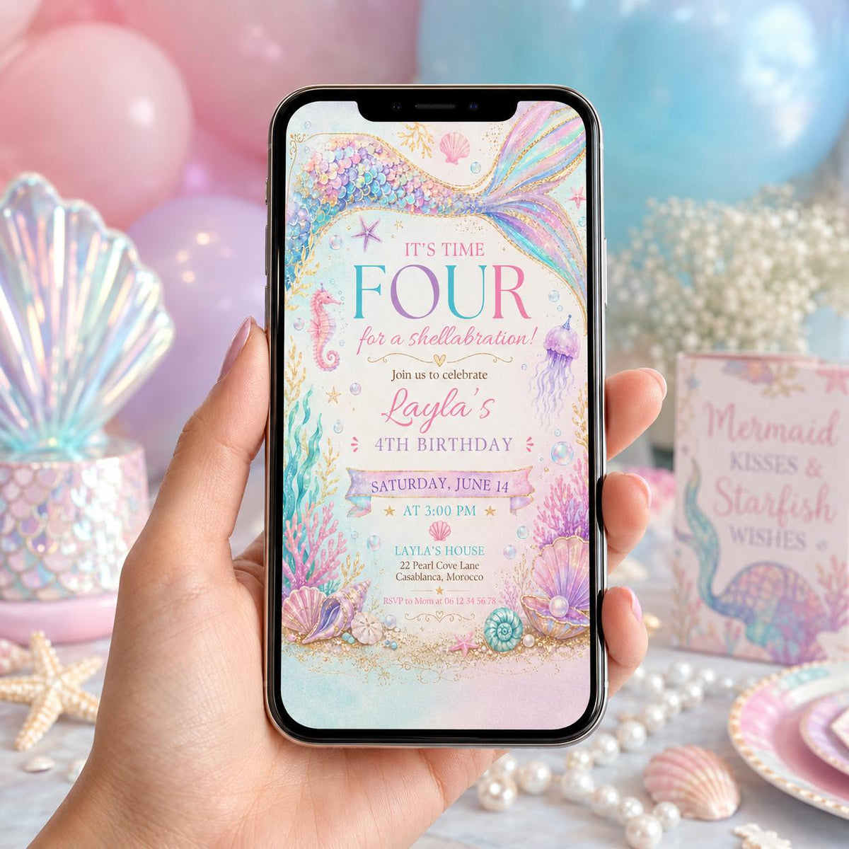 Editable Mermaid Birthday Invitation Canva Template, Girls Kids Cute Fun DIY Sweet Chic Teen Tween Party Invite, Printable Digital Download.