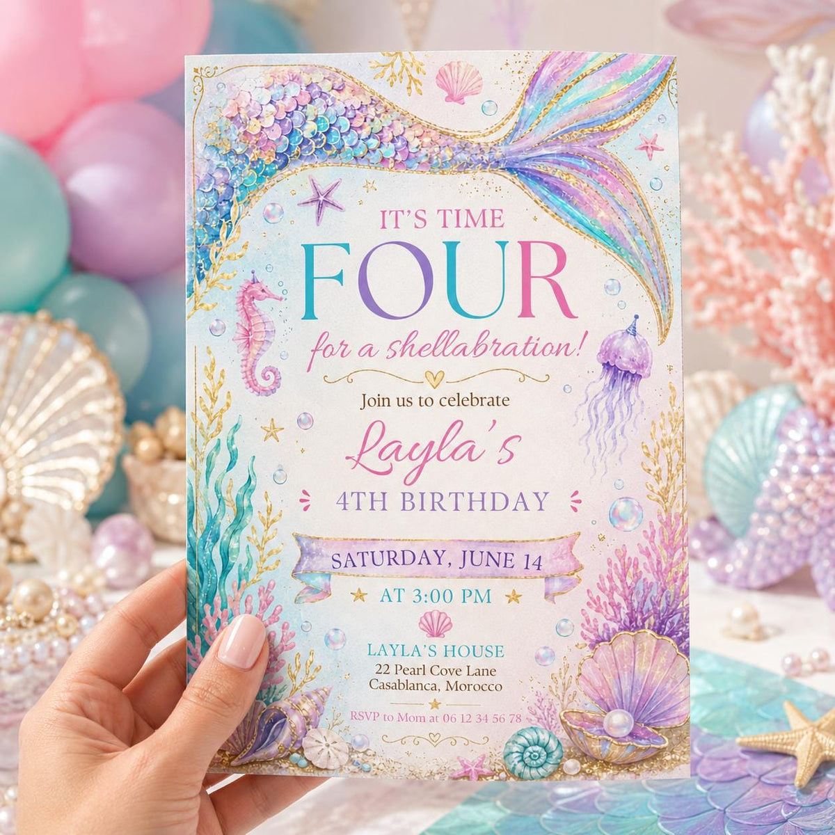 Editable Mermaid Birthday Invitation Canva Template, Girls Kids Cute Fun DIY Sweet Chic Teen Tween Party Invite, Printable Digital Download.