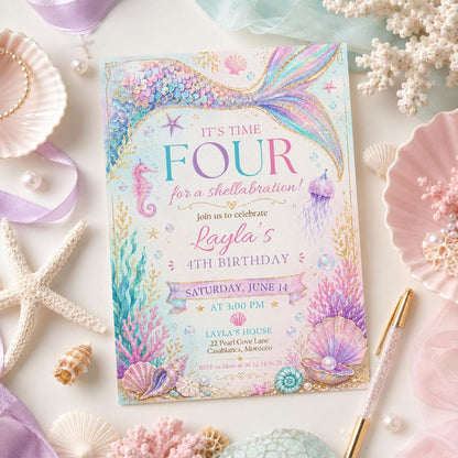 Editable Mermaid Birthday Invitation Canva Template, Girls Kids Cute Fun DIY Sweet Chic Teen Tween Party Invite, Printable Digital Download.