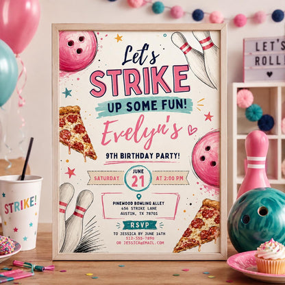 Editable Bowling Birthday Invitation Canva Template, Pink Girls Teens Cute Fun DIY Sweet Chic Kids Party Invite, Printable Digital Download.