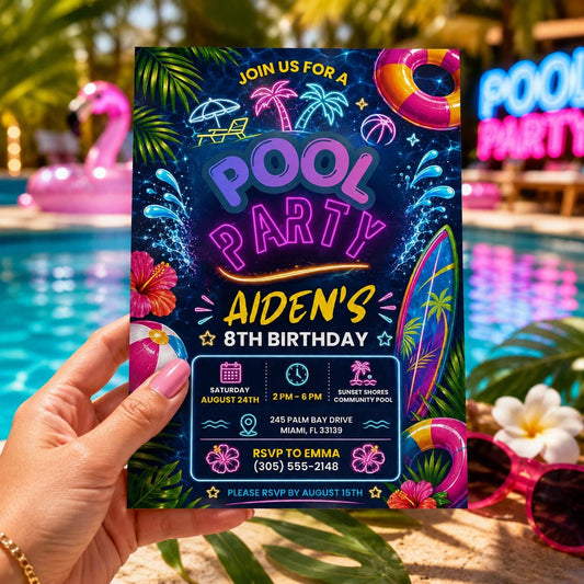 Editable Pool Birthday Invitation Canva Template, Blue Green Neon Boys Kids Pool Cute Fun DIY Chic Party Invite, Printable Digital Download.