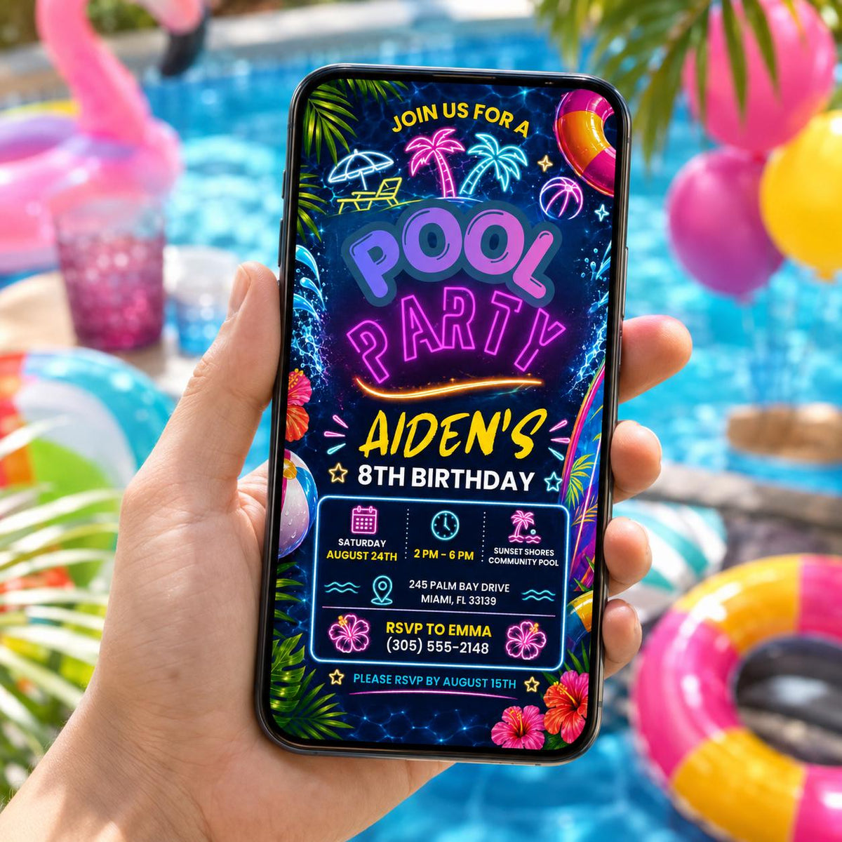 Editable Pool Birthday Invitation Canva Template, Blue Green Neon Boys Kids Pool Cute Fun DIY Chic Party Invite, Printable Digital Download.