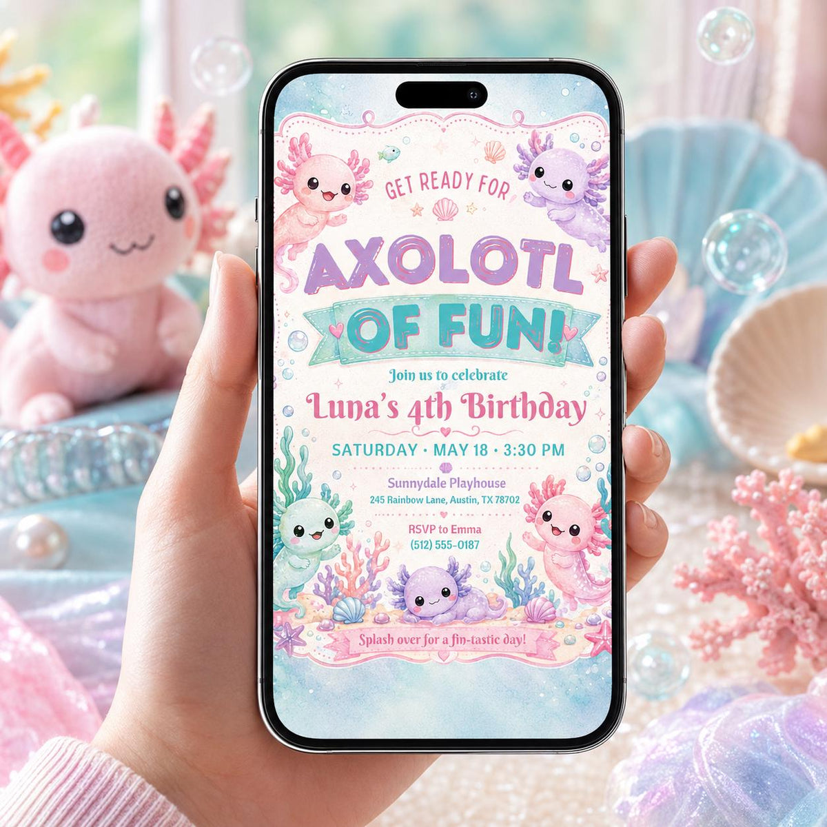 Editable Axolotl Birthday Invitation Canva Template, Girls Cute Fun DIY Sweet Chic Kids Teen Tween Party Invite, Printable Digital Download.