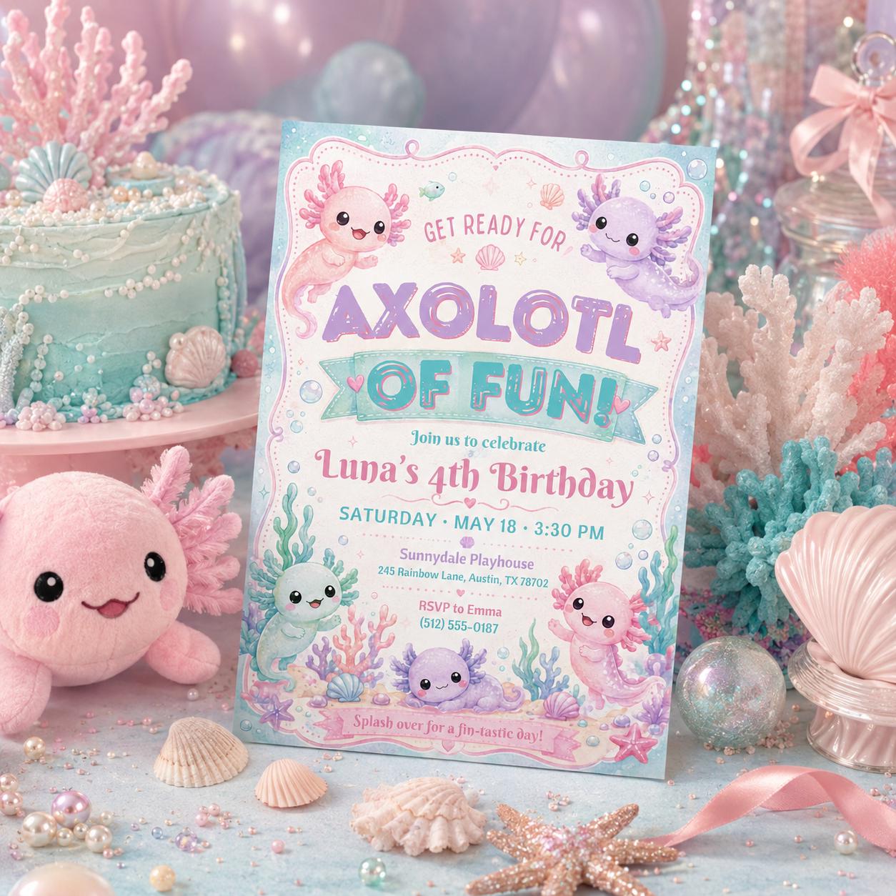 Editable Axolotl Birthday Invitation Canva Template, Girls Cute Fun DIY Sweet Chic Kids Teen Tween Party Invite, Printable Digital Download.