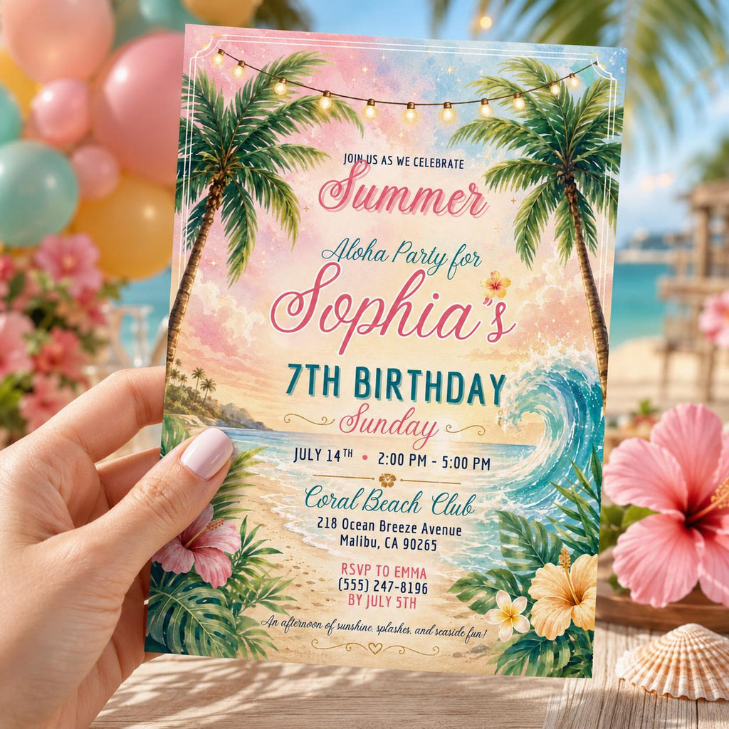 Editable Beach Birthday Invitation Canva Template, Pink Girls Beach Cute Modern Fun DIY Sweet Chic Party Invite, Printable Digital Download.