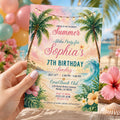 Editable Beach Birthday Invitation Canva Template, Pink Girls Beach Cute Modern Fun DIY Sweet Chic Party Invite, Printable Digital Download.