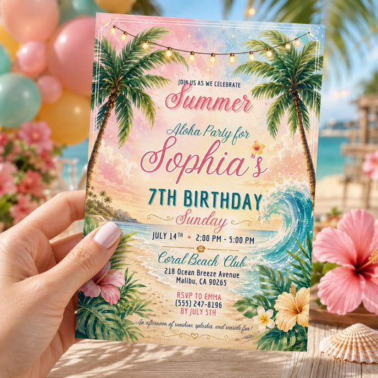Editable Beach Birthday Invitation Canva Template, Pink Girls Beach Cute Modern Fun DIY Sweet Chic Party Invite, Printable Digital Download.