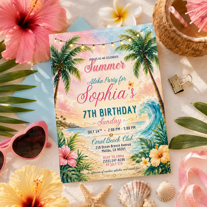 Editable Beach Birthday Invitation Canva Template, Pink Girls Beach Cute Modern Fun DIY Sweet Chic Party Invite, Printable Digital Download.