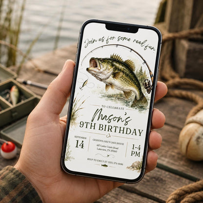 Editable Fishing Birthday Invitation Canva Template, Boys Kids Cute Modern Fun DIY Sweet Chic Teen Party Invite, Printable Digital Download.
