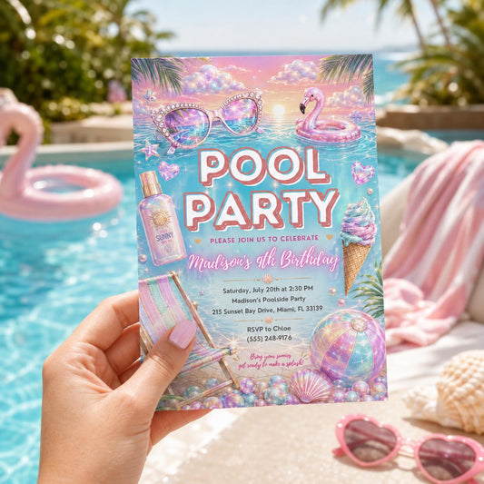 Editable Pool Birthday Invitation Canva Template, Pastel Girls Pool Cute Modern Fun DIY Sweet Chic Party Invite, Printable Digital Download.