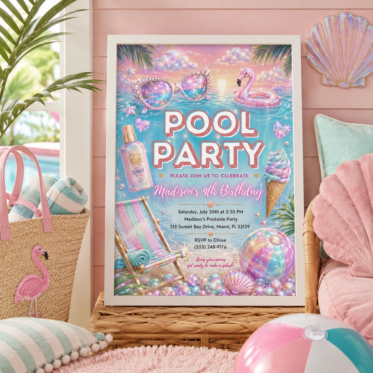 Editable Pool Birthday Invitation Canva Template, Pastel Girls Pool Cute Modern Fun DIY Sweet Chic Party Invite, Printable Digital Download.