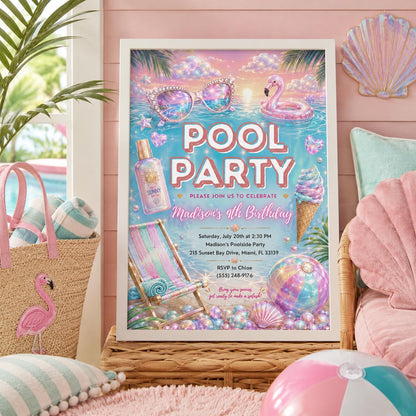 Editable Pool Birthday Invitation Canva Template, Pastel Girls Pool Cute Modern Fun DIY Sweet Chic Party Invite, Printable Digital Download.