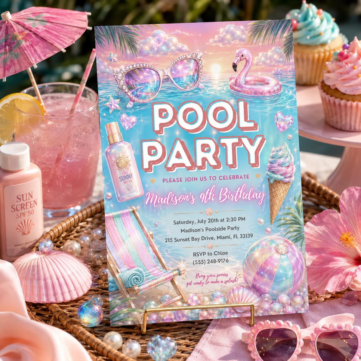 Editable Pool Birthday Invitation Canva Template, Pastel Girls Pool Cute Modern Fun DIY Sweet Chic Party Invite, Printable Digital Download.