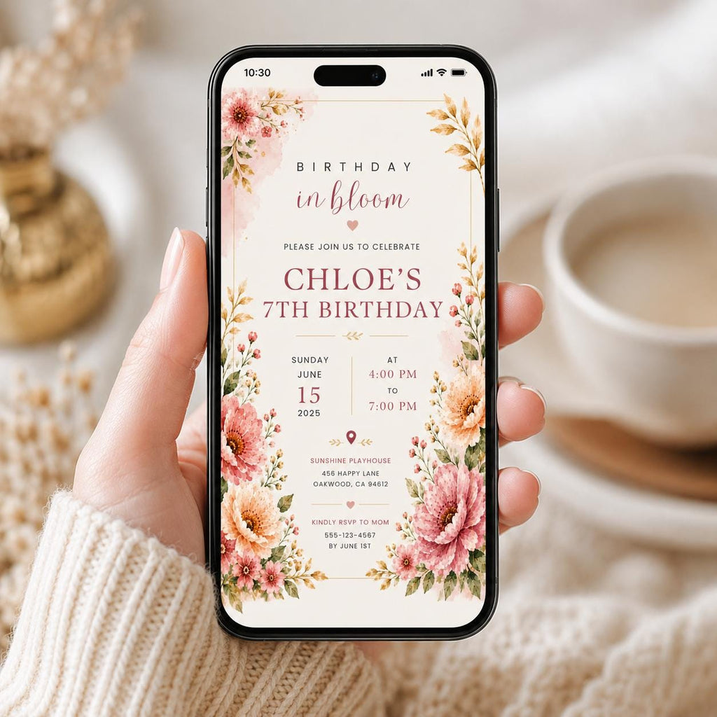 Editable Wildflower Birthday Invitation Canva Template, Pink Boho Floral Girls Cute Modern Fun DIY Party Invite, Printable Digital Download.