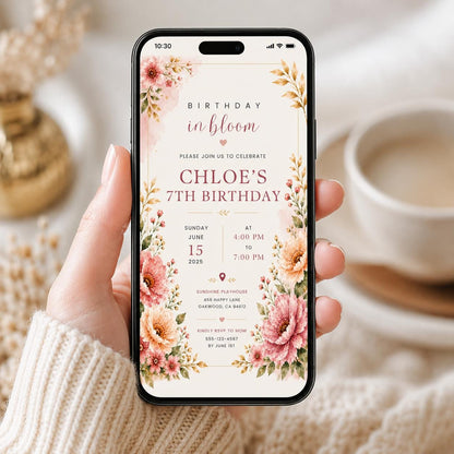 Editable Wildflower Birthday Invitation Canva Template, Pink Boho Floral Girls Cute Modern Fun DIY Party Invite, Printable Digital Download.