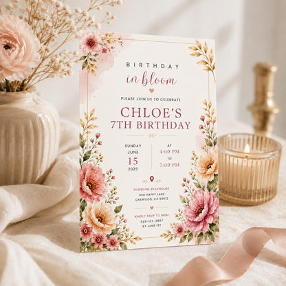 Editable Wildflower Birthday Invitation Canva Template, Pink Boho Floral Girls Cute Modern Fun DIY Party Invite, Printable Digital Download.