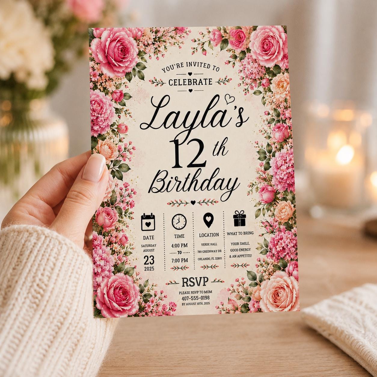 Editable Floral Birthday Invitation Canva Template, Pink Blush Girls Adult Cute Fun DIY Sweet Chic Party Invite, Printable Digital Download.