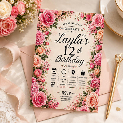 Editable Floral Birthday Invitation Canva Template, Pink Blush Girls Adult Cute Fun DIY Sweet Chic Party Invite, Printable Digital Download.