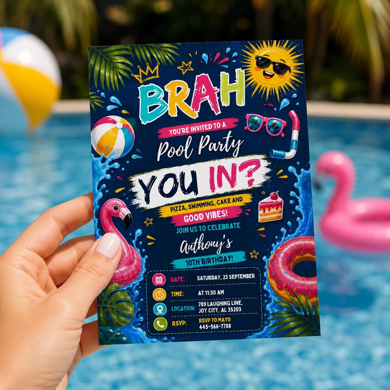 Editable Pool Birthday Invitation Canva Template, Boys Teens Pool Cute Modern Fun Themed DIY Sweet Party Invite, Printable Digital Download.