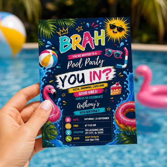 Editable Pool Birthday Invitation Canva Template, Boys Teens Pool Cute Modern Fun Themed DIY Sweet Party Invite, Printable Digital Download.