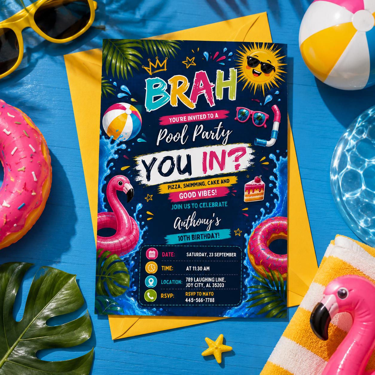 Editable Pool Birthday Invitation Canva Template, Boys Teens Pool Cute Modern Fun Themed DIY Sweet Party Invite, Printable Digital Download.
