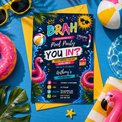 Editable Pool Birthday Invitation Canva Template, Boys Teens Pool Cute Modern Fun Themed DIY Sweet Party Invite, Printable Digital Download.