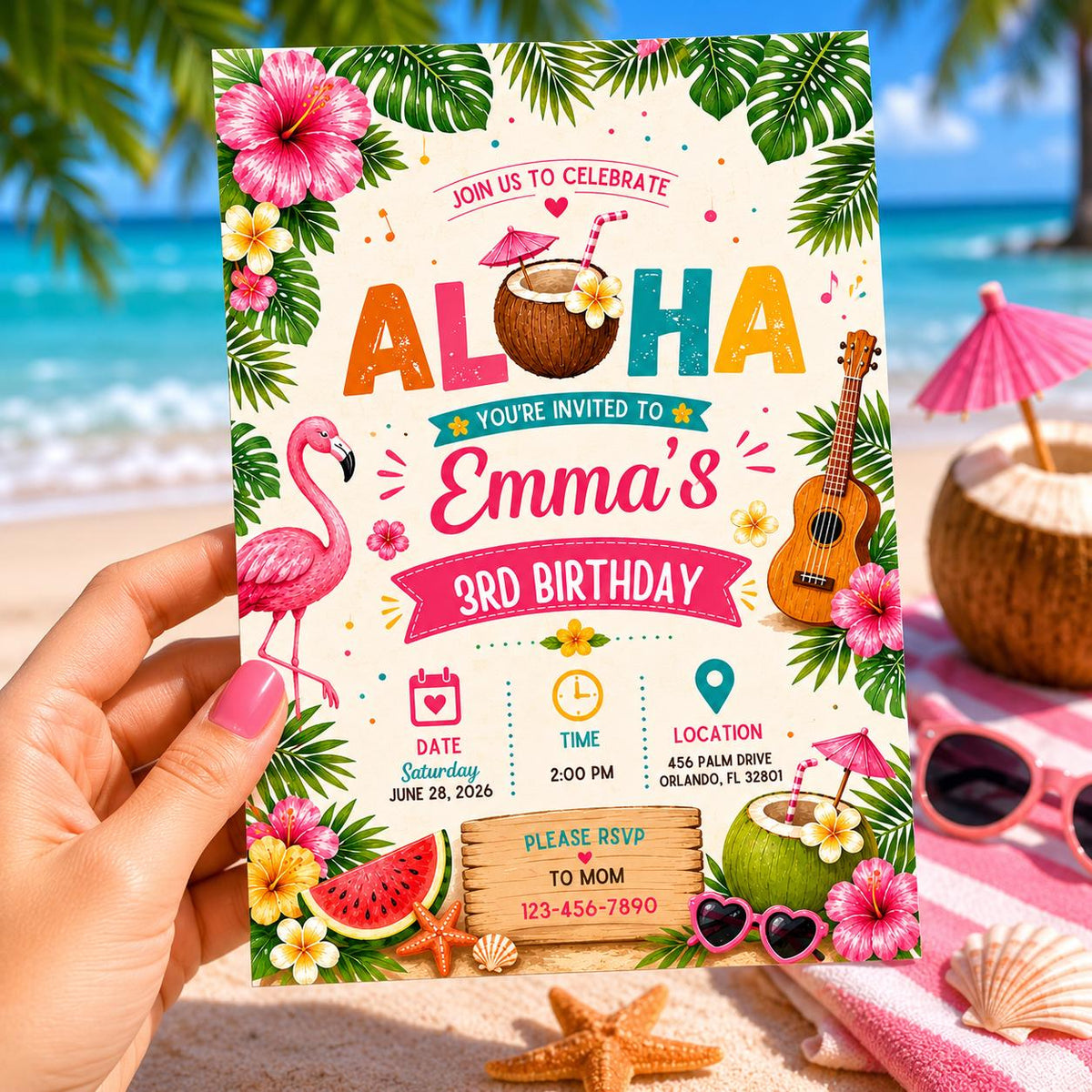Editable Tropical Birthday Invitation Canva Template, Summer Cute Modern Fun Themed DIY Sweet Chic Party Invite, Printable Digital Download.