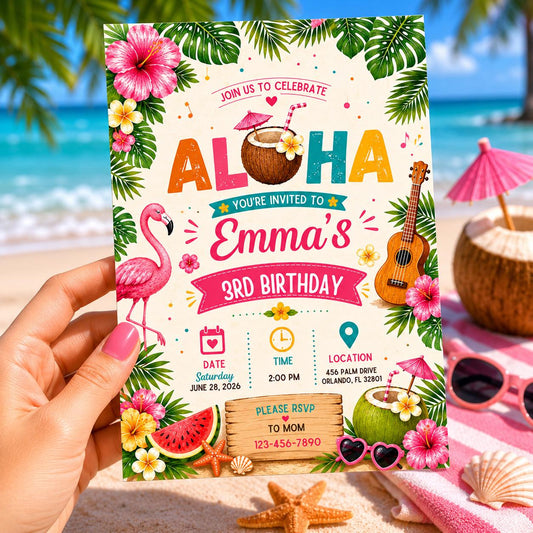 Editable Tropical Birthday Invitation Canva Template, Summer Cute Modern Fun Themed DIY Sweet Chic Party Invite, Printable Digital Download.