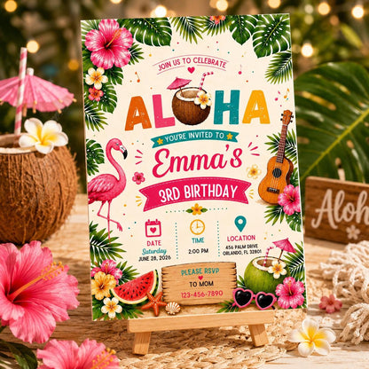 Editable Tropical Birthday Invitation Canva Template, Summer Cute Modern Fun Themed DIY Sweet Chic Party Invite, Printable Digital Download.