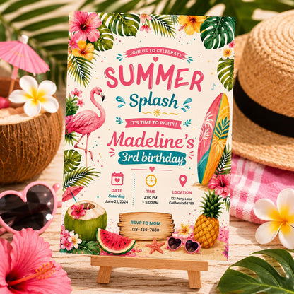 Editable Beach Birthday Invitation Canva Template, Pool Cute Modern Fun Themed DIY Sweet Chic Kids Party Invite, Printable Digital Download.