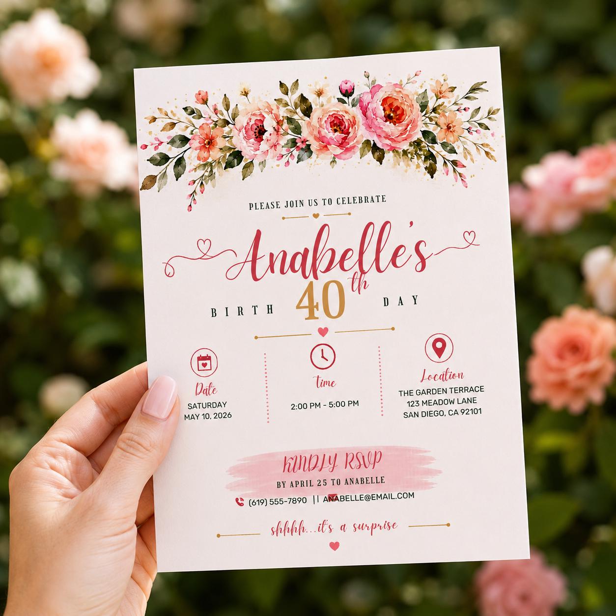 Editable Watercolor Roses Birthday Invitation Canva Template, Luxury Adult Cute Fun DIY Sweet Chic Party Invite, Printable Digital Download.