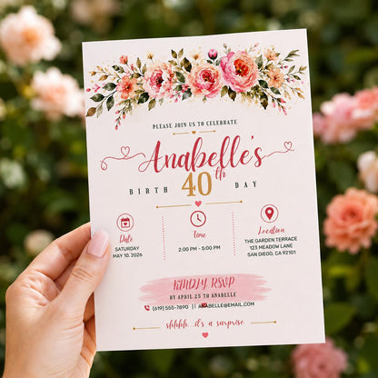 Editable Watercolor Roses Birthday Invitation Canva Template, Luxury Adult Cute Fun DIY Sweet Chic Party Invite, Printable Digital Download.