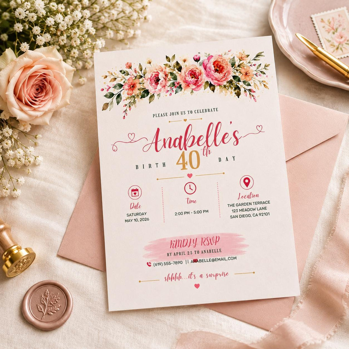Editable Watercolor Roses Birthday Invitation Canva Template, Luxury Adult Cute Fun DIY Sweet Chic Party Invite, Printable Digital Download.