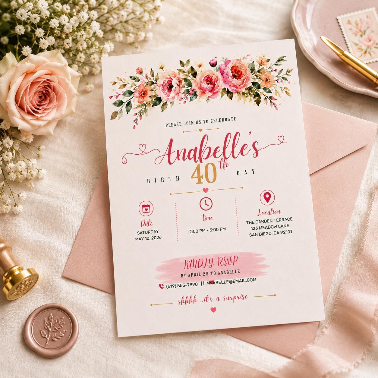 Editable Watercolor Roses Birthday Invitation Canva Template, Luxury Adult Cute Fun DIY Sweet Chic Party Invite, Printable Digital Download.