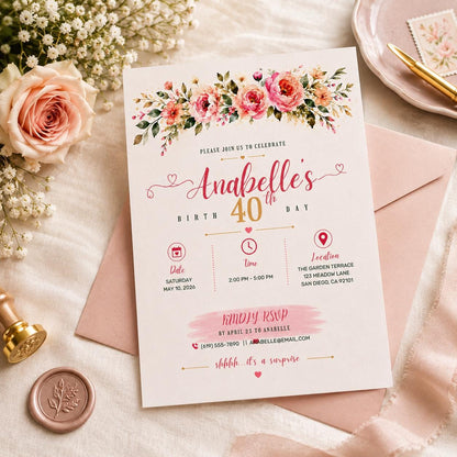 Editable Watercolor Roses Birthday Invitation Canva Template, Luxury Adult Cute Fun DIY Sweet Chic Party Invite, Printable Digital Download.