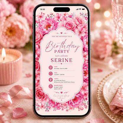 Editable Floral Birthday Invitation Canva Template, Pink Blush Girls Adult Cute Fun DIY Sweet Chic Party Invite, Printable Digital Download.