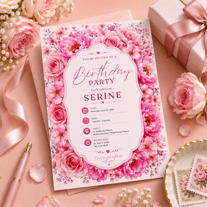 Editable Floral Birthday Invitation Canva Template, Pink Blush Girls Adult Cute Fun DIY Sweet Chic Party Invite, Printable Digital Download.