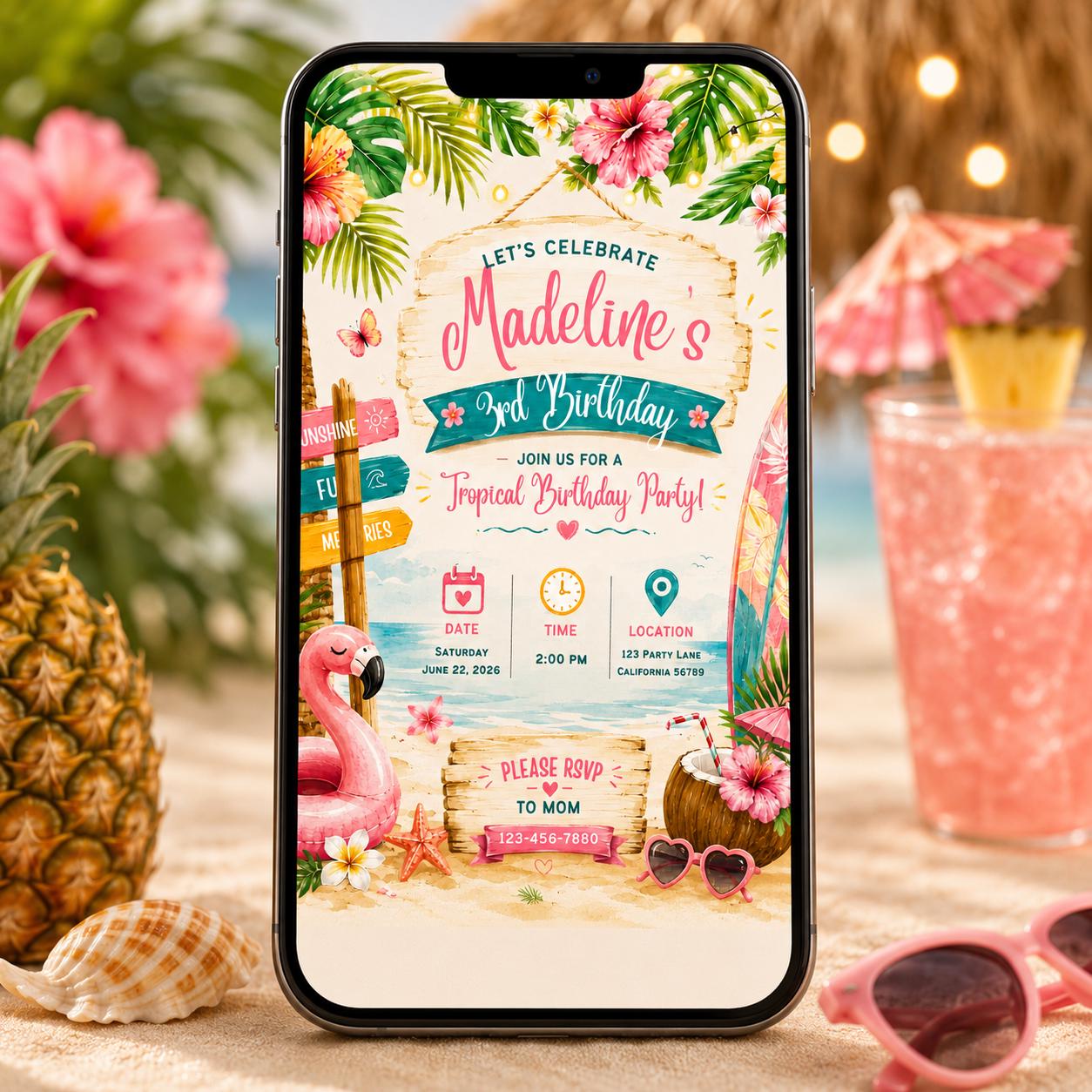 Editable Tropical Birthday Invitation Canva Template, Summer Cute Modern Fun Themed DIY Sweet Chic Party Invite, Printable Digital Download.