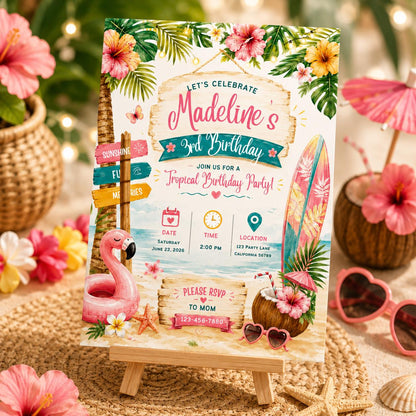 Editable Tropical Birthday Invitation Canva Template, Summer Cute Modern Fun Themed DIY Sweet Chic Party Invite, Printable Digital Download.