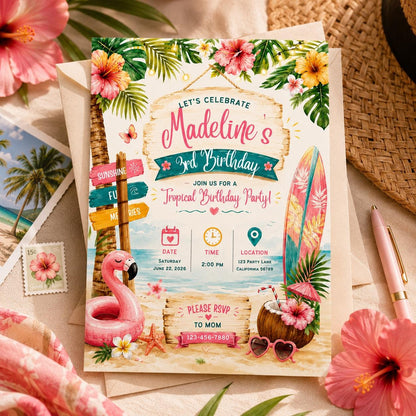 Editable Tropical Birthday Invitation Canva Template, Summer Cute Modern Fun Themed DIY Sweet Chic Party Invite, Printable Digital Download.