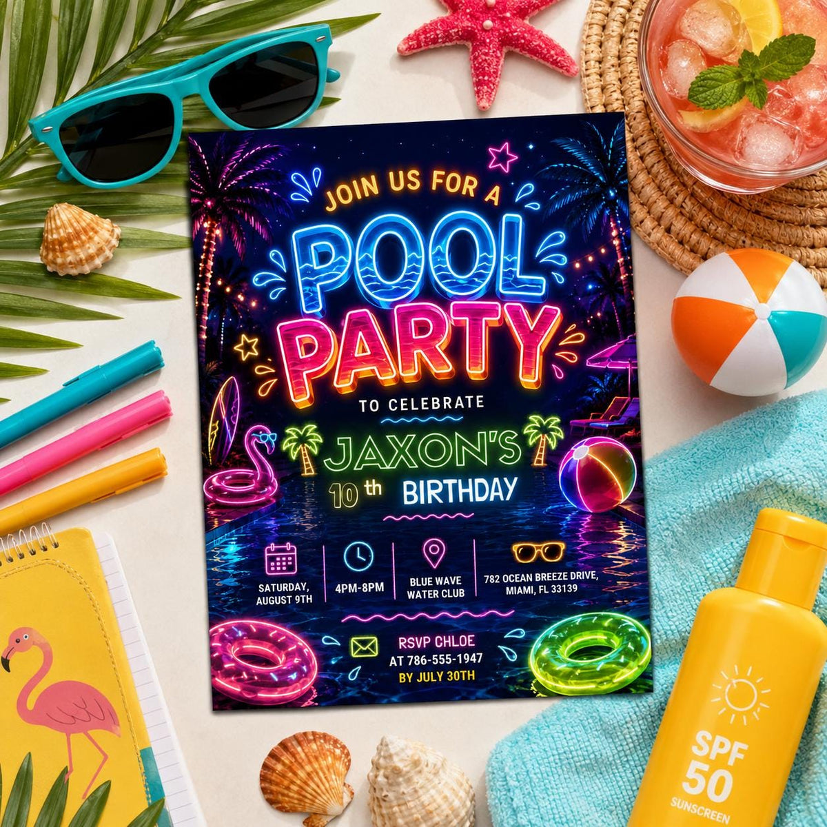 Editable Pool Birthday Invitation Canva Template, Floral Girls Teens Pool Cute Modern Fun DIY Chic Party Invite, Printable Digital Download.