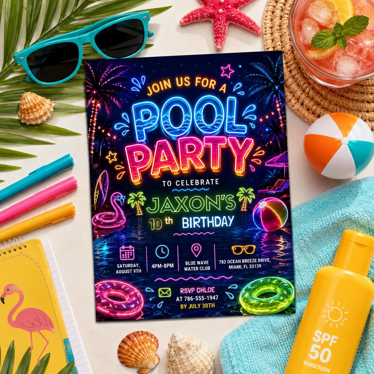 Editable Pool Birthday Invitation Canva Template, Floral Girls Teens Pool Cute Modern Fun DIY Chic Party Invite, Printable Digital Download.